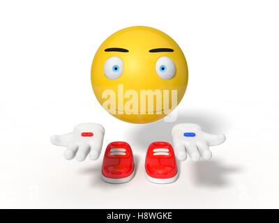 simple yellow smiley ball character. showing red and blue pills. Stock Photo