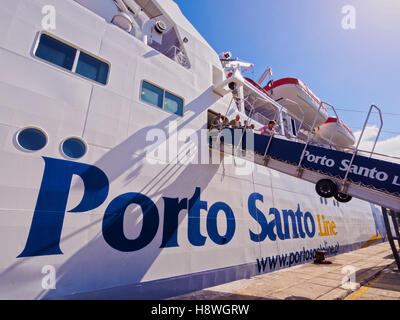Portugal, Madeira Islands, Porto Santo, View of the Porto Santo Line Ferry in the Porto de Abrigo. Stock Photo