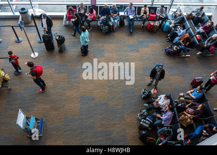 San Francisco, CA, USA, Aerial View, Crowd Chinese Passengers Waiting inside Airport Stock Photo