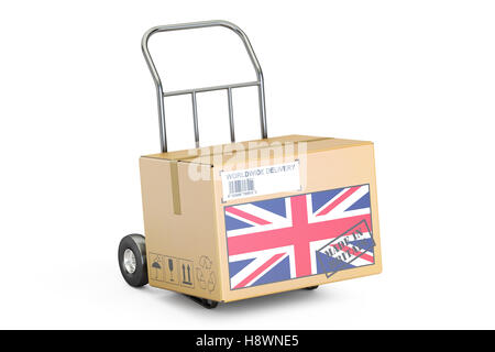 Made in UK concept. Cardboard Box on Hand Truck, 3D rendering isolated on white background