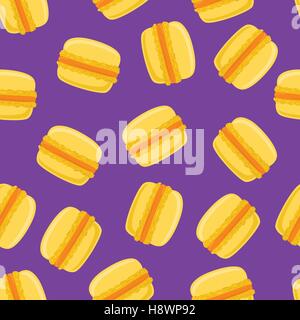 Seamless pattern with yellow macaroon cookies on violet. Vector illustration. Stock Vector