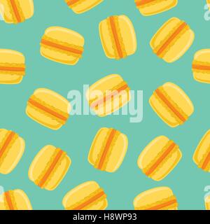 Seamless pattern with yellow macaroon cookies on green. Vector illustration. Stock Vector