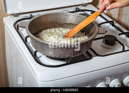 woman frying onions in the frying pan closeup Stock Photo