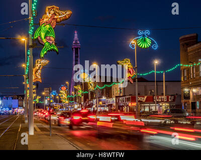 Blackpool Tower and Illuminations at night, Lancashire, UK. Stock Photo