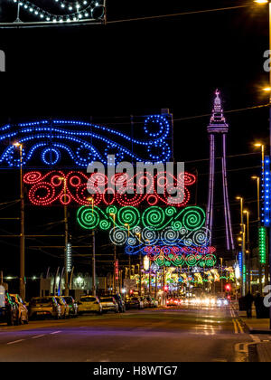 Blackpool Tower and Illuminations at night, Lancashire, UK. Stock Photo