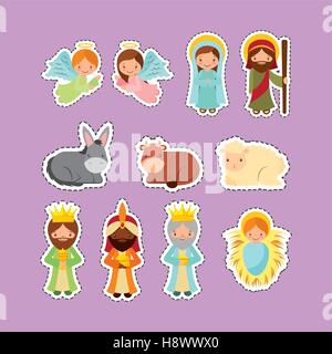 cute cartoon holy family with manger characters over purple background. vector illustration Stock Vector