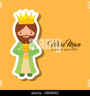 cartoon wise man sticker nativity over yellow background. colorful design. vector illustration Stock Vector