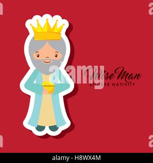 cartoon wise man sticker nativity over red background. colorful design. vector illustration Stock Vector