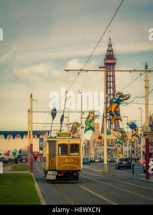 Traditional tram running along seafront promenade with Tower in background, Blackpool, Lancashire, UK. Stock Photo