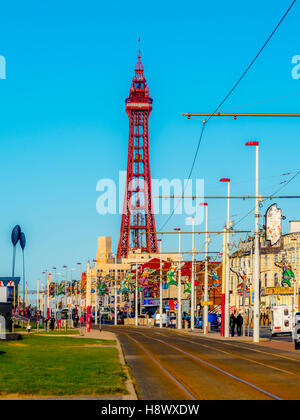 Tram tracks along seafront promenade with Tower in distance, Blackpool, Lancashire, UK. Stock Photo