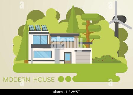 Contemporary, eco house design in the wood with solar panels and wind turbine. Stock Vector