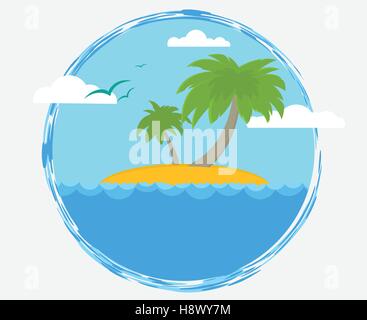 Simple flat label with tourist desert island and ocean. Stock Vector