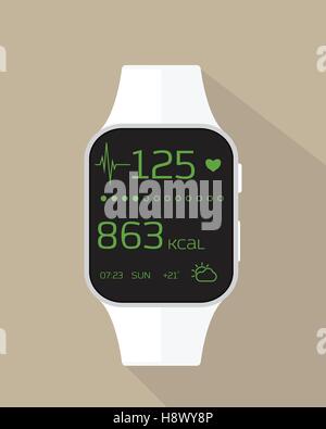 Flat illustration of sport watch with heart rate, calories burned and weather. Stock Vector