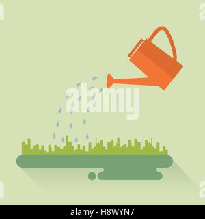 Flat color watering can sprays water drops above lawn. Stock Vector