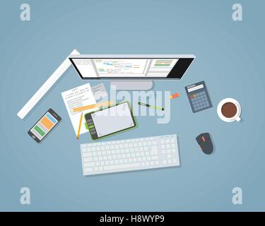 Flat design workspace of web developer. Designer items, computer, tablet, other items. Stock Vector
