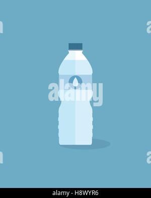 Flat bottle of fresh water with cap and water drop label. Stock Vector