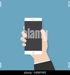 Simple flat illustration. Hand holding empty smartphone. Phone application template. Stock Vector