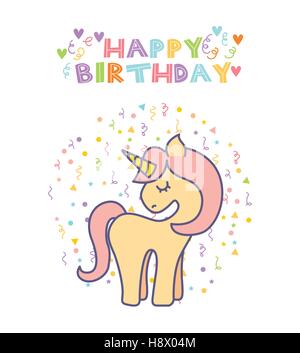 happy birthday card with cute unicorn icon over white background. colorful design. vector illustration Stock Vector