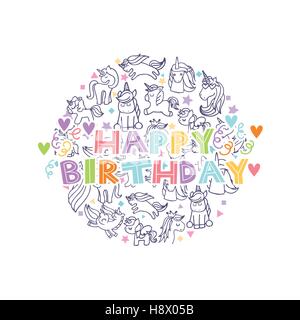 happy birthday with unicorns icons in circle shape over white background. colorful design. vector illustration Stock Vector