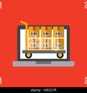 laptop computer and handcart .with carton boxes over red background. export and import colorful design. vector illustration Stock Vector