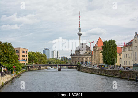 Berlin view on the river Spree on a cloudy day, with Bode museum and Television Tower Stock Photo