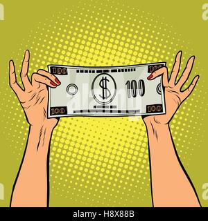 Female hands holding a hundred dollar bill Stock Vector