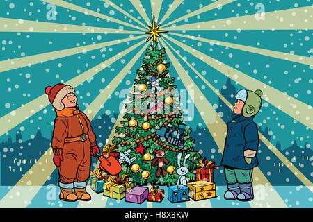 Children stand near the Christmas tree, retro background Stock Vector