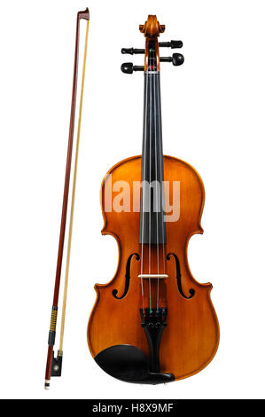 Violin with bow isolated on white background Stock Photo