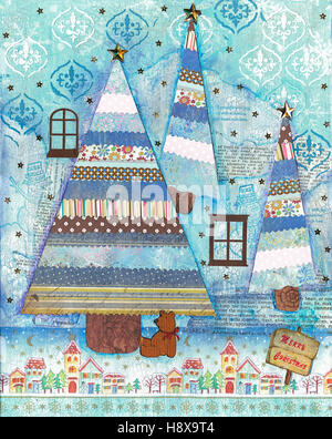 Christmas card mixed media art, made from paper cutting, stamps and drawing Stock Photo