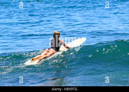 A woman in her thirties paddling a longboard at Moffat Beach on the Sunshine Coast in Queensland, Australia. Stock Photo
