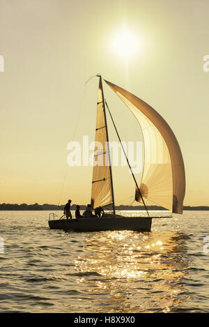 A sailboat extends its spinnaker in a silhouette Stock Photo