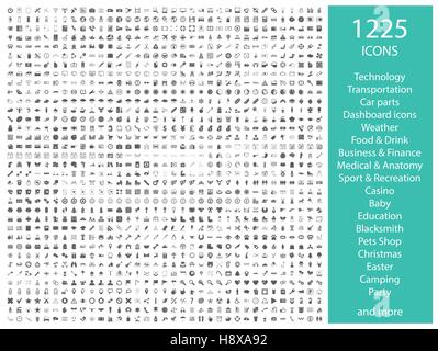 Set of 1225 icons, for web, internet, mobile apps, interface design: business, finance, shopping, communication, fitness, computer, media, transportat Stock Vector