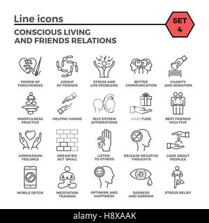 Conscious Living and Friends Relations Thin Line Related Icons Set on White Background. Simple Mono Linear Pictogram Pack Stroke Vector Logo Concept f Stock Vector