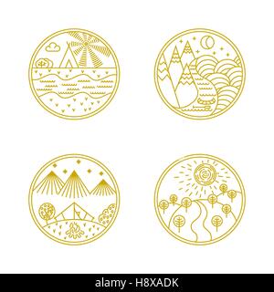 Vector linear badges and logo design elements with landscapes, nature and camping - round labels Stock Vector