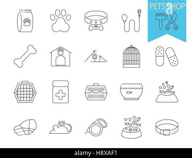 Pets shop icons. Thin line flat vector related icon set for web and mobile applications. It can be used as - logo, pictogram, icon, infographic elemen Stock Vector