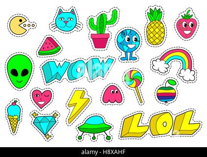 Set of fashion patch badges, stickers, pins, in cartoon 80s-90s comic style. Vector illustration isolated on white background. Stock Vector