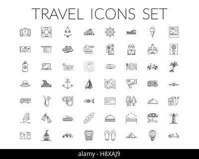 Travel icons set. Summer holidays, vacation and travel objects. Modern infographic vector logo pictogram collection concept. Line style. Stock Vector