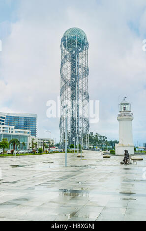 The lighthouse and the Alphabetic Tower, symbolizing the uniqueness of Georgian alphabet, located in the city center Stock Photo