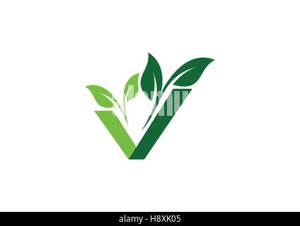 vegan plant ecology logo, green natural vegetable logotype, natural v letter sign symbol icon vector design Stock Vector