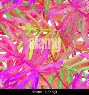 Tropical leaves, plants on a wild jungle background. Floral seamless patten of red, green, blue, leaf and leafs. Foliage of strelizia on geometric ornament zigzag Stock Photo