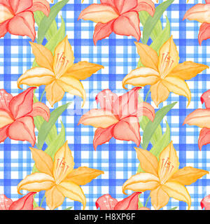 Seamless wallpaper with lilly flowers on checkered background, watercolor illustration Stock Photo