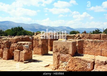 View of the Pillar Cyrpt building within the Minoan Malia ruins archaeological site, Malia, Crete, Greece, Europe. Stock Photo