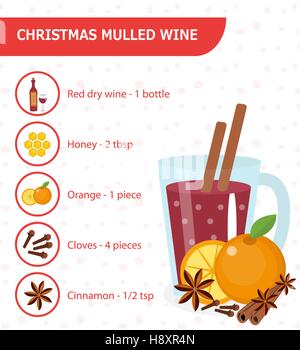 Christmas cocktail . Mulled wine recipe with ingredients. Warm winter drink. Vector illustration Stock Vector