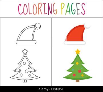 Coloring book page. Christmas, Santa hats and  tree. Sketch  color version.  for kids. Vector illustration Stock Vector