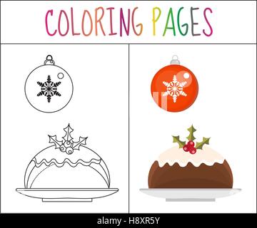 Coloring book page. Christmas pudding and a ball. Sketch  color version.  for kids. Vector illustration Stock Vector