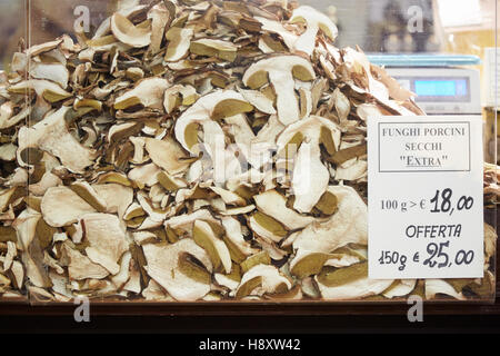 Dried porcini mushrooms on sale during Alba White Truffle Fair in Alba, Italy Stock Photo