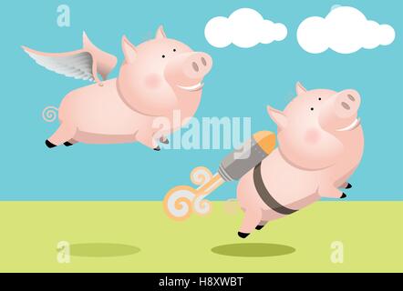 Two competing pigs; one flying with wings and the other using an attached rocket Stock Vector