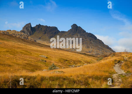 Looking up towards the The Cobbler mountain in the Arrochar Alps, Scotland Stock Photo