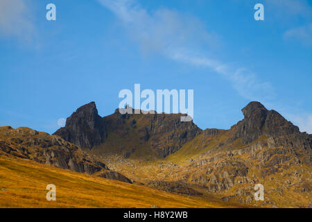 Looking up towards the The Cobbler mountain in the Arrochar Alps, Scotland Stock Photo