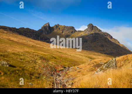 Looking up towards the The Cobbler mountain in the Arrochar Alps, Scotland Stock Photo